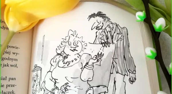 Ilustracja z książki "Matylda" przedstawia panią Trunchbull i pana Wormwooda. Recenzja książki Matylda.