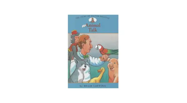 Ilustracja z książki "Doktor Dolittle" przedstawiająca doktora otoczonego przez zwierzęta: małpę, papugę, psa, kaczkę i świnkę.
