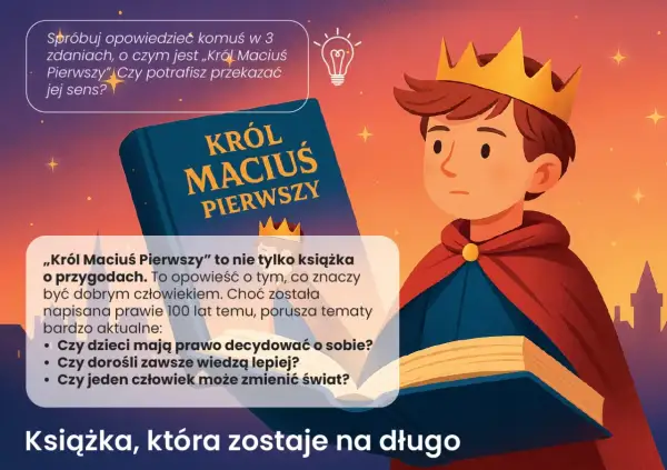 Ilustracja z Królem Maciusiem Pierwszym, książką i tekstem o lekturze.